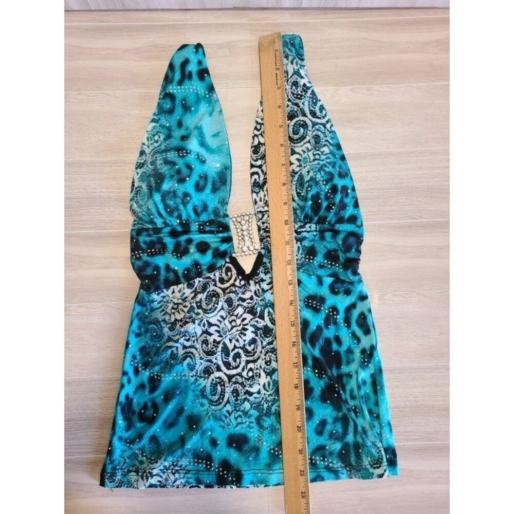 Lipstick Teal Halter Top Womens M Animal Print Rhinestone Sleeveless Blouse - Picture 7 of 8